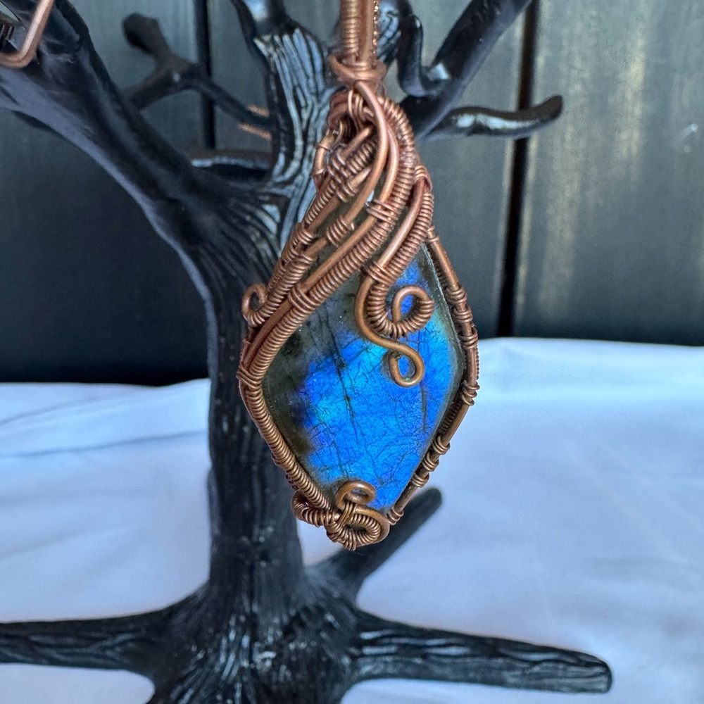 Hand Crafted Blue Labradorite Wire-Wrapped Copper Pendant Necklace